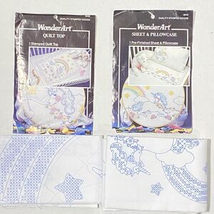 Vtg WonderArt Stamped QUILT TOP with SHEET and PILLOWCASE Unicorn RAINBOW